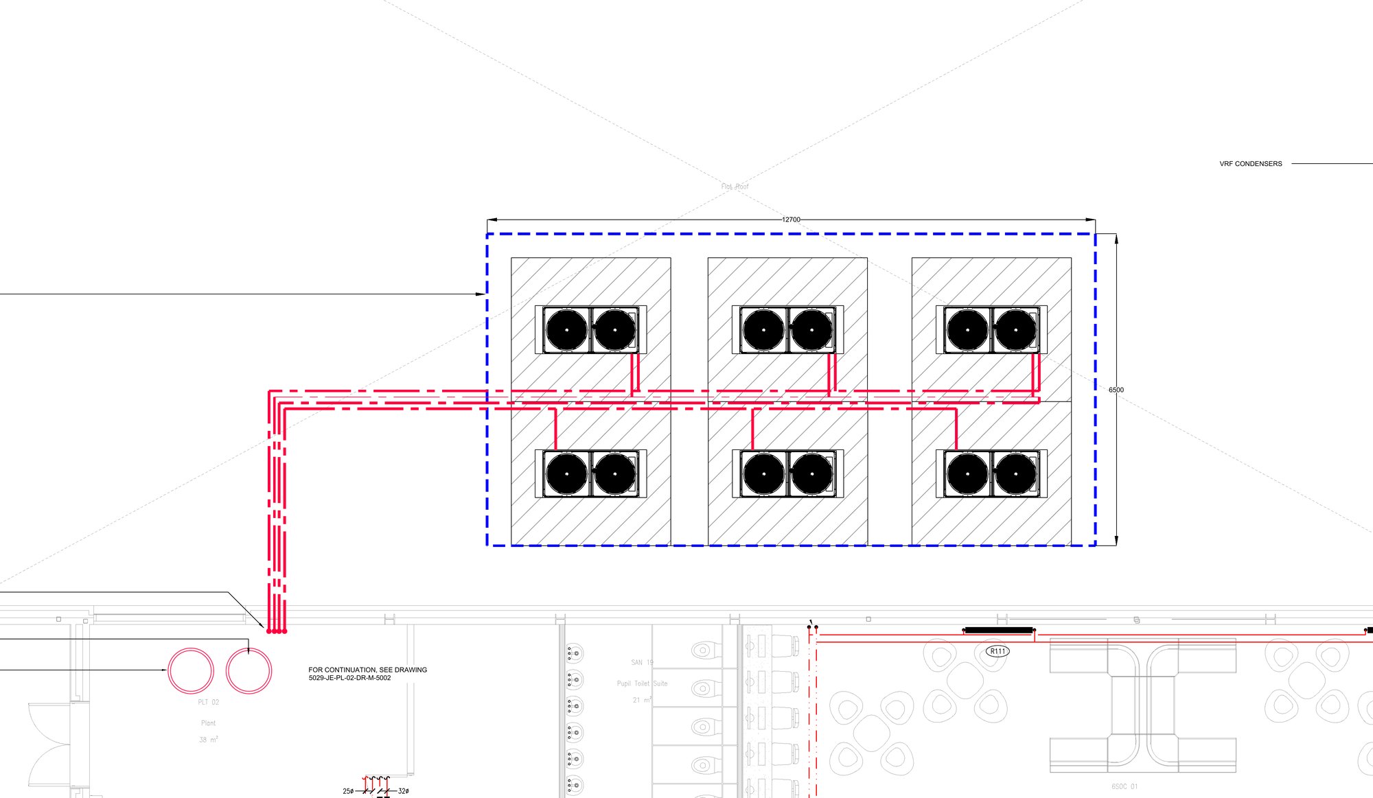 Rooftop heat pump compound and pipework, from the issued design