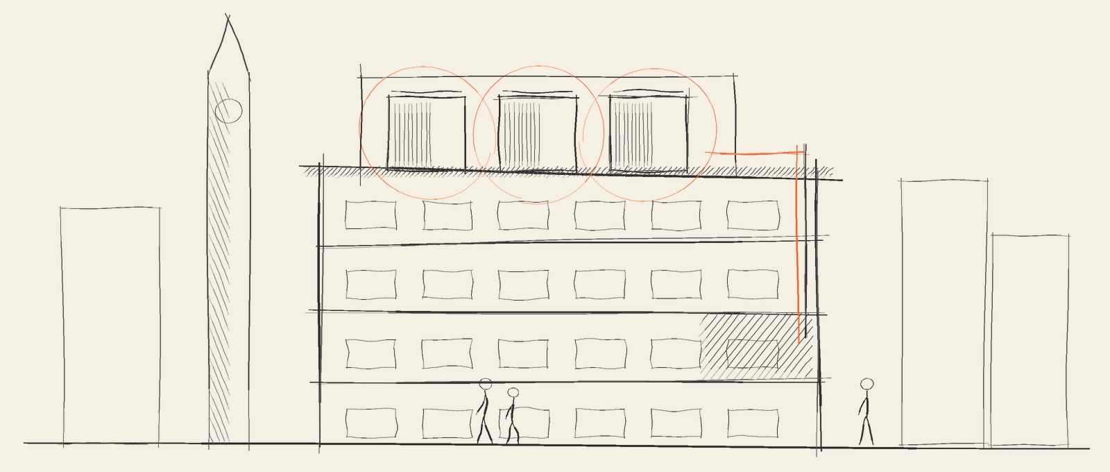 Concept sketch: rooftop heat pump compound with the refrigerant safety zones, down to the second floor plantroom.