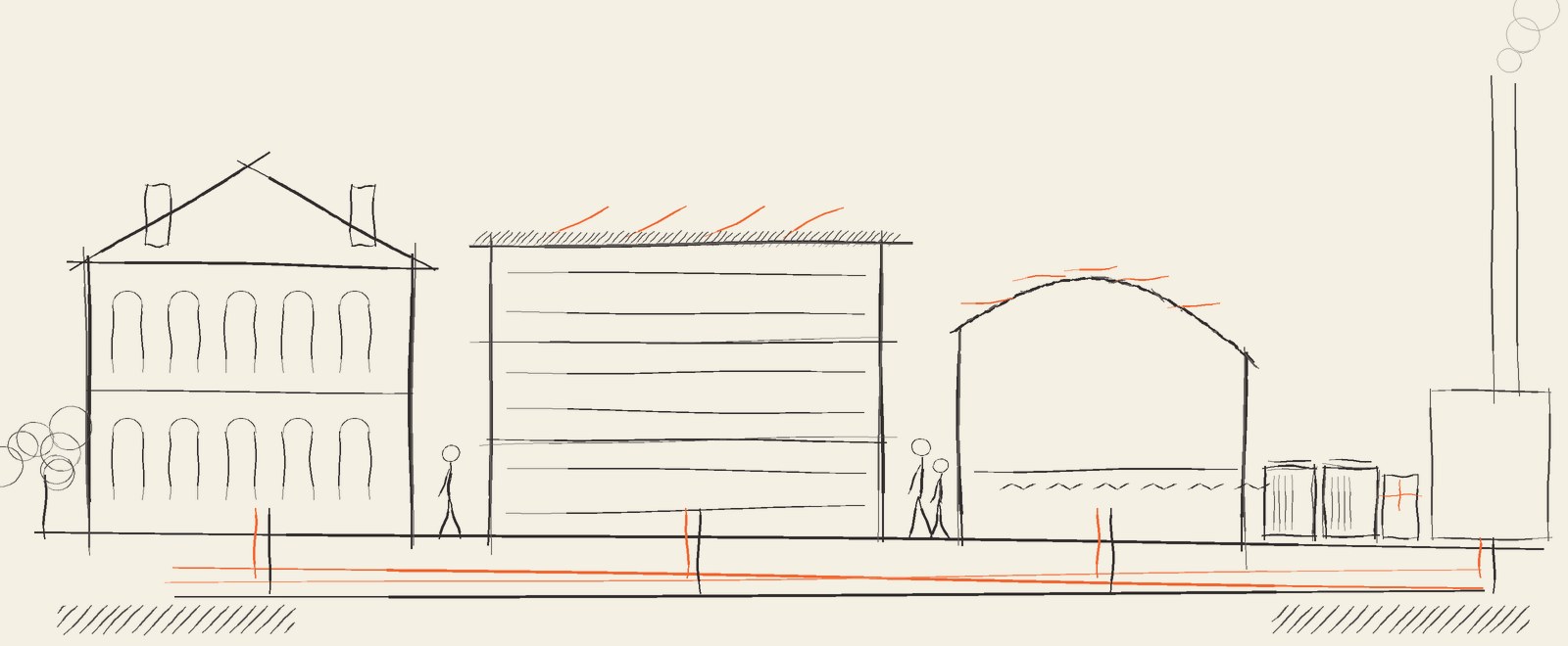 Concept sketch: three buildings connected to the planned district heat network, with heat pumps, PV and batteries as alternatives.
