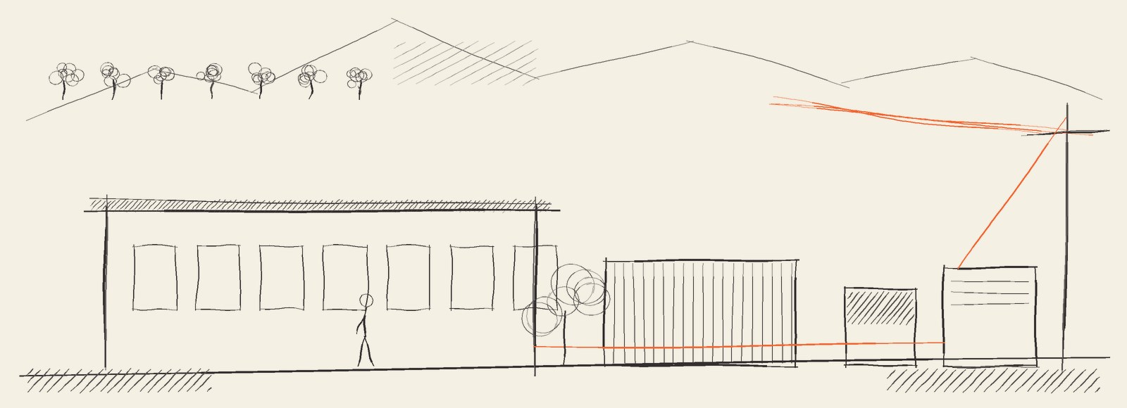 Concept sketch: timber acoustic enclosure, new substation and the three-phase connection from the overhead line.