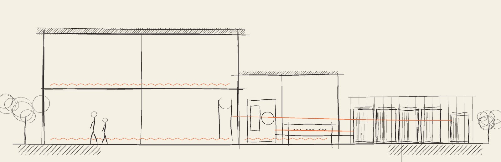 Concept sketch: heat pump compound, separate hot water plant and underfloor heating throughout.